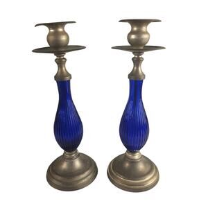 Vintage Cobalt Blue Glass and Meatal Candle Holders Sticks Set-of-2